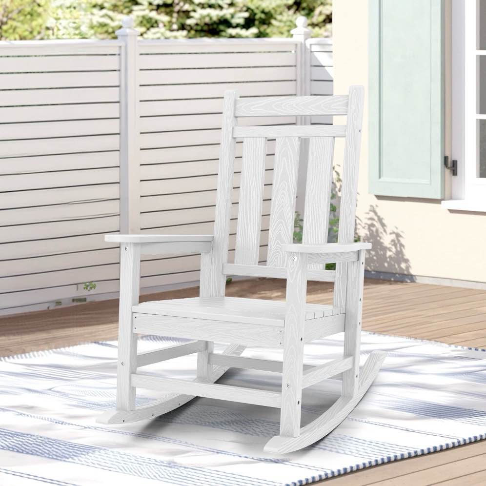 kingyes outdoor rocking chair hdpe all weather patio rocker for porch garden lawn, white