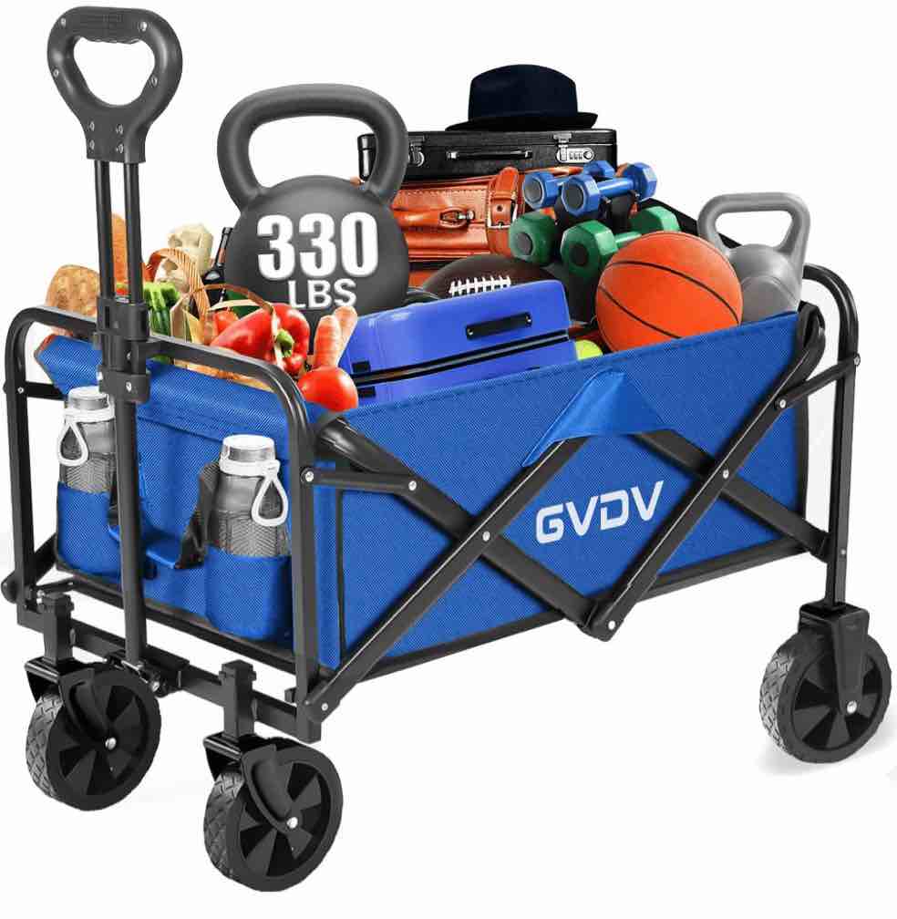 GVDV Collapsible Wagon Cart, Heavy Duty Utility Folding Wagon with All-Terrain Wheels, Portable Cart for Camping, Beach, Sports, Shopping, Blue