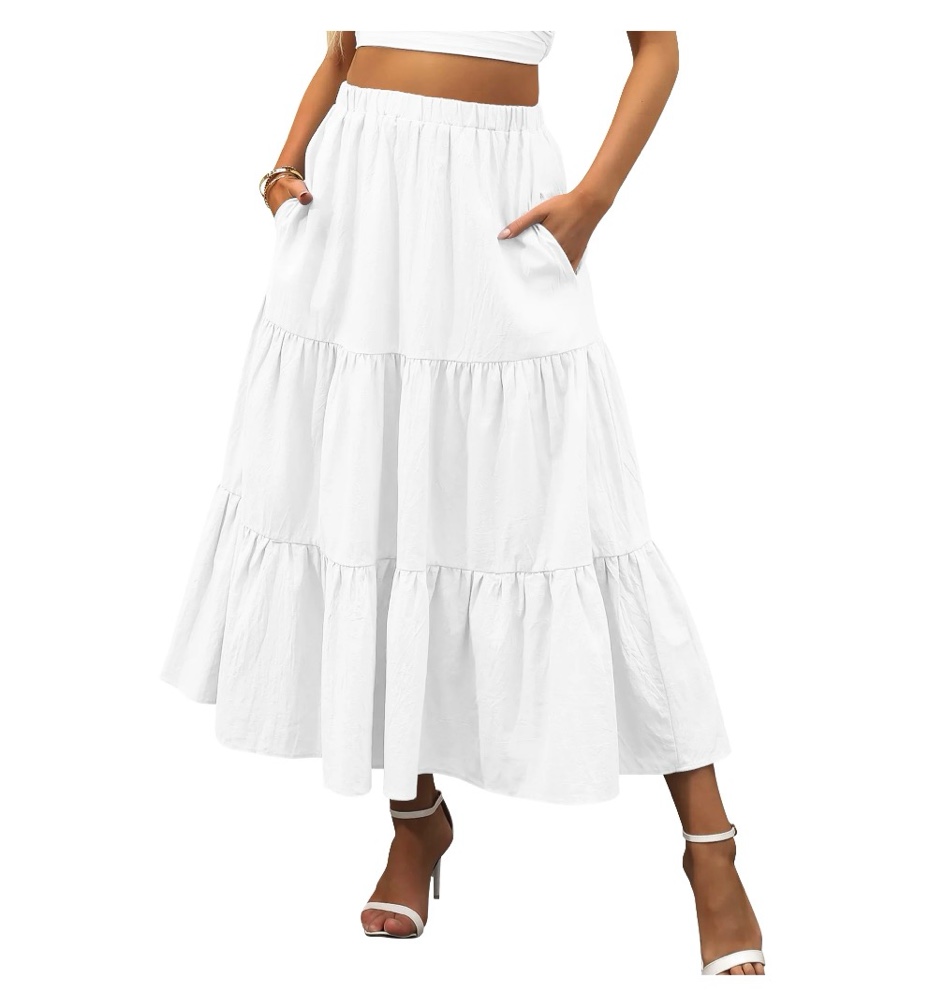 TEMOFON Midi Pleated Skirts for Women with Lining Elastic High Waist with Pockets Maxi A Line Linen Summer Clothes Trendy Flowy White 2XL