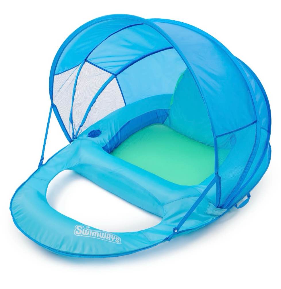 SwimWays Spring Float Premium Recliner Pool Lounge Chair with Adjustable Canopy and Hyper-Flate Valve, Blue