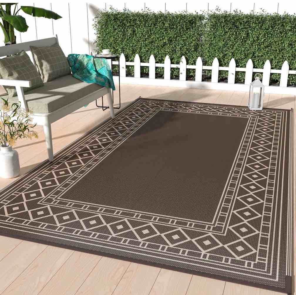DEORAB 8 x10  Outdoor Rugs Patio Waterproof Outside Mat Reversible Plastic Camping Carpet Coffee & Brown