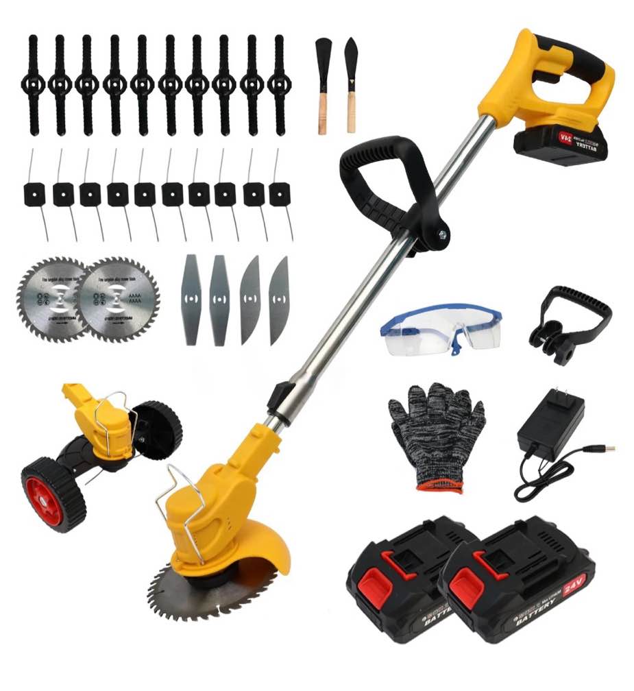 Grass Trimmer  24V Electric Weed Eater Grass Cutter with 2x2.0A Batteries  3 in 1 Battery Powered Weed Trimmer with Wheels 3 Types Blades for Yard Garden  Yellow