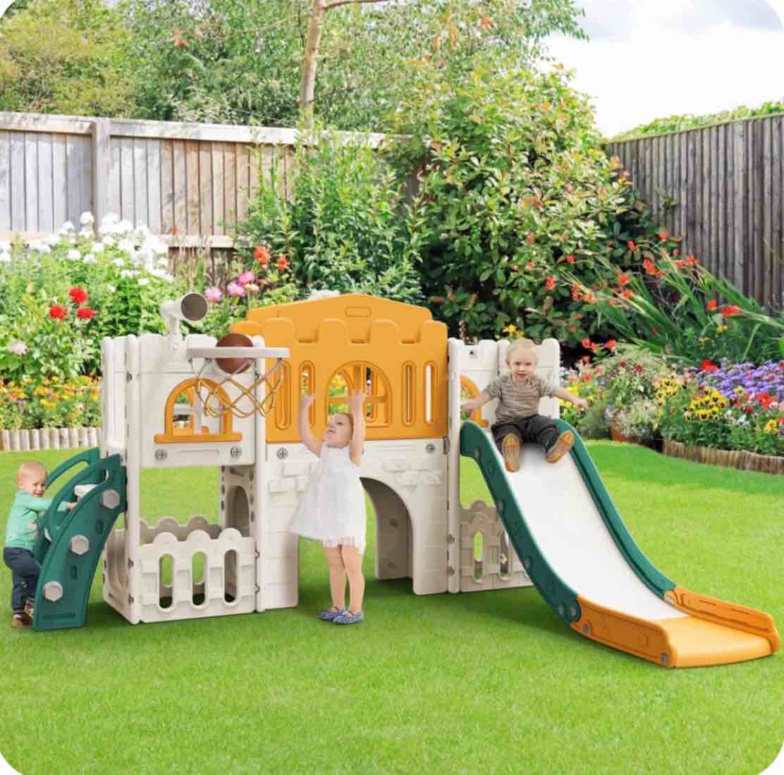 WFUN 9 in 1 Outdoor Freestanding Kids Slide Set for Toddlers Age 1+ Playground Set for Backyard Yellow & Green