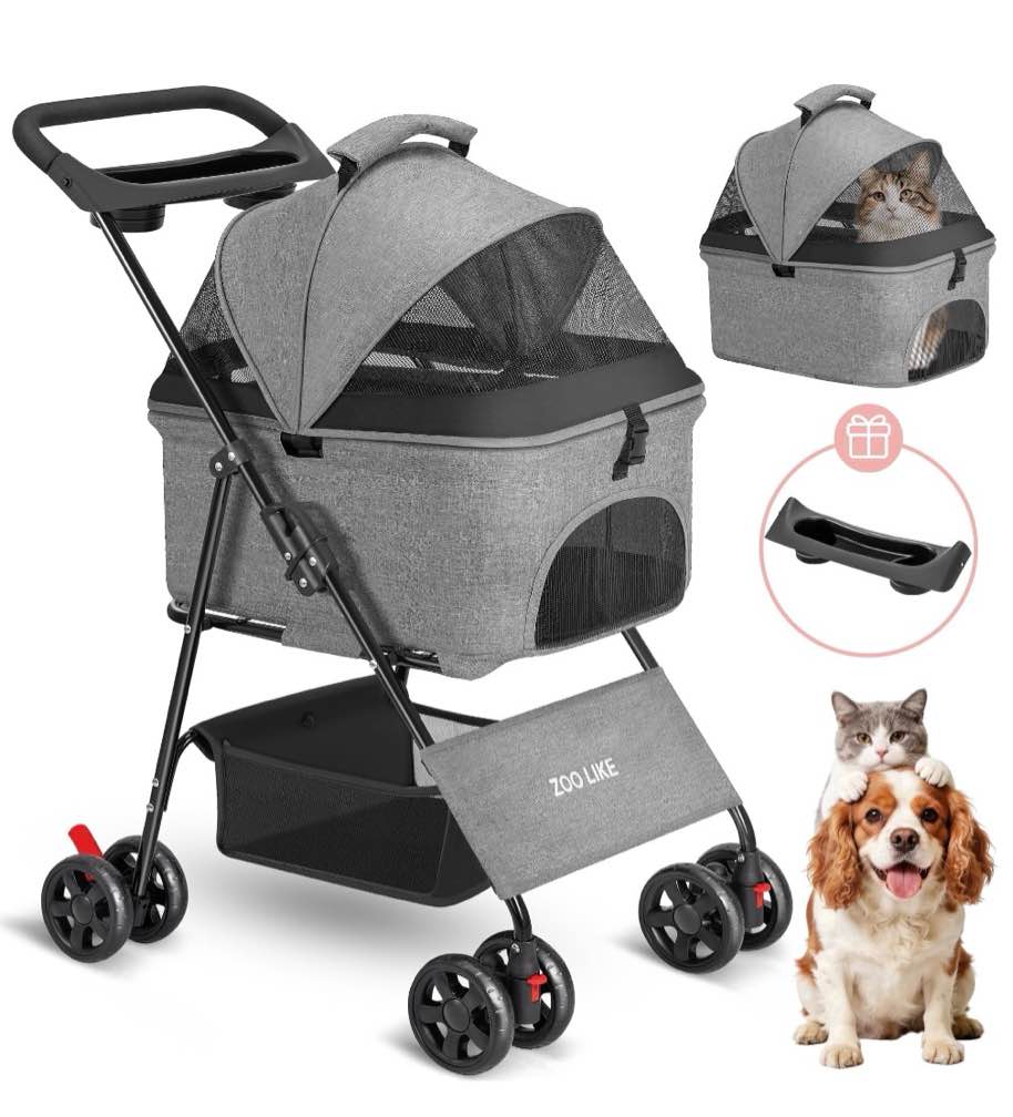 Zoolike 3 in 1 Pet Stroller for Dogs and Cats,4 Wheel Foldable Stroller with Detachable Carrier&Storage Basket,Grey