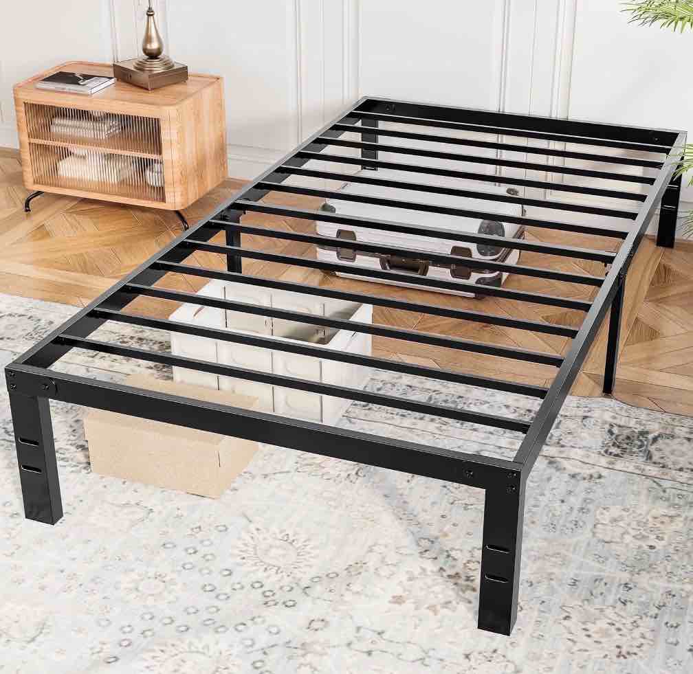 concetta 14" twin bed frame, heavy duty metal platform bed frame with underbed storage for bedroom, no box spring required, black