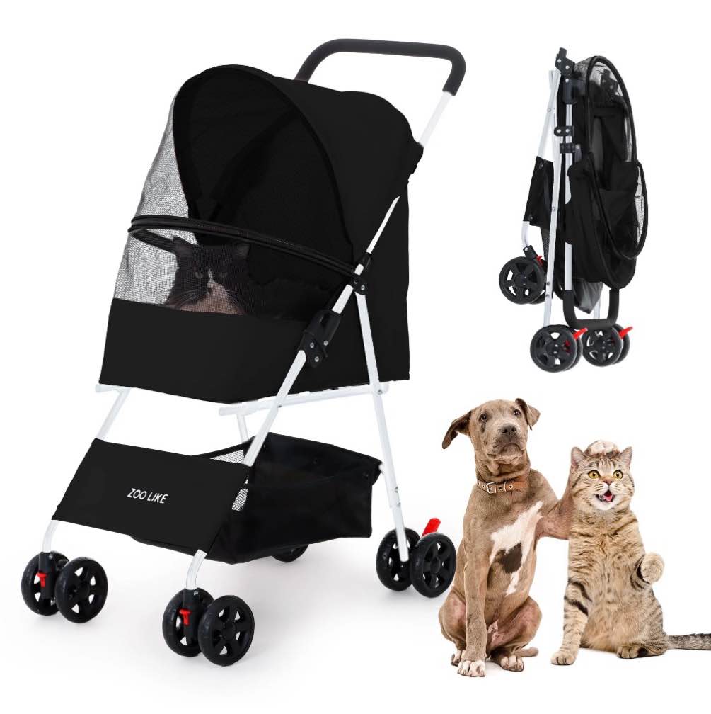 zoolike 4-wheeled pet stroller for cats & dogs, foldable travel carrier with 360-degree swivel, black