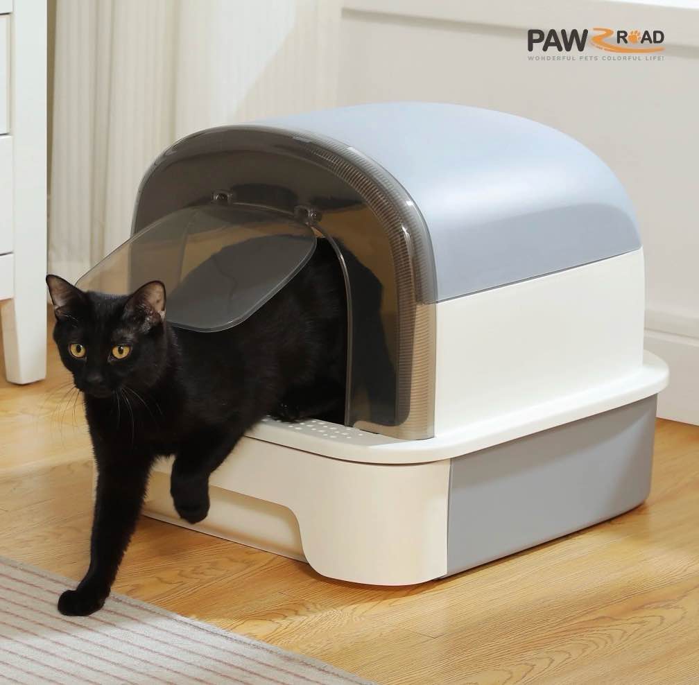 pawz road large cat litter box with scoop litter box with lid double-layer leak-proof litter box for cat, gray