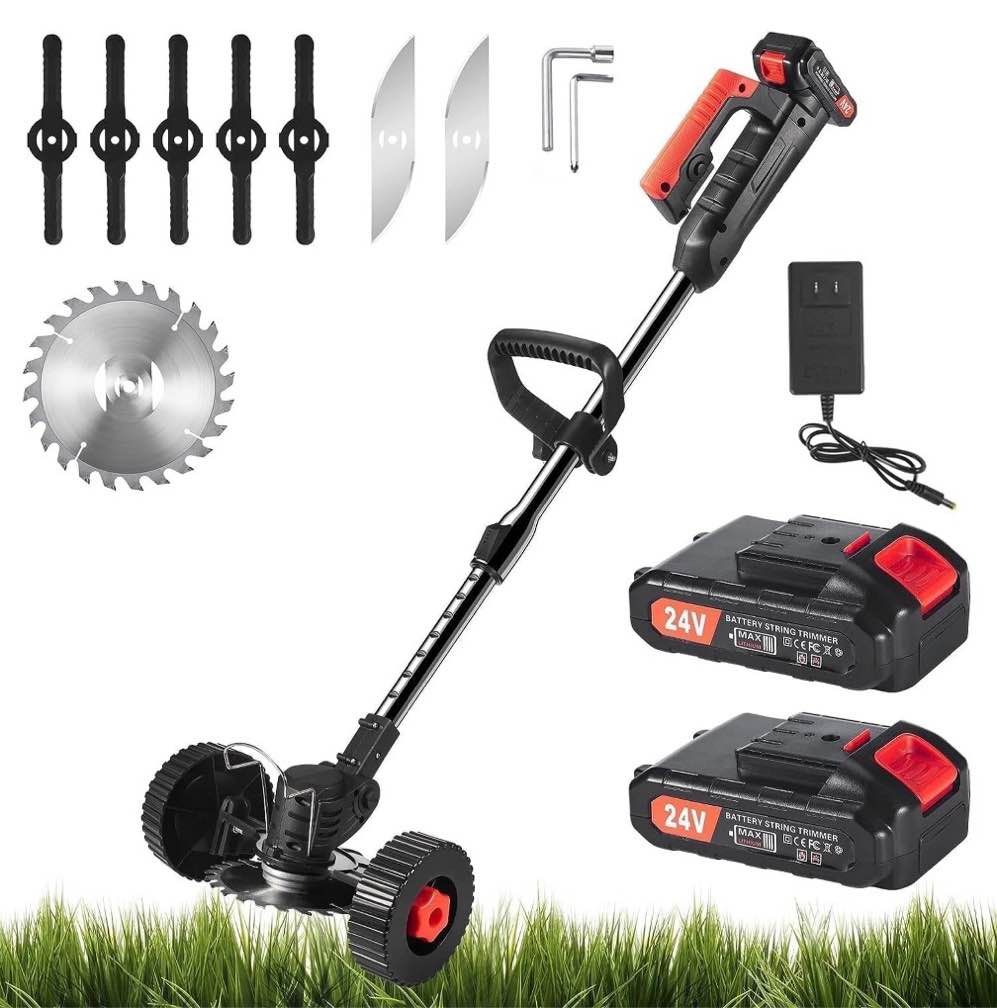 kingfurt cordless brush cutter 24v lawn mower with 2×2.0ah li-ion battery powered and 3 types cutting blade push wheeled for yard and garden black-red