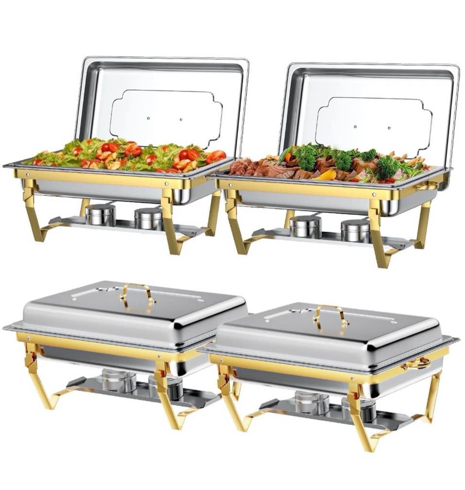 chafing dish buffet set 4 pack: tinana 8qt stainless steel chafing dishes for buffet chafers and buffet warmers sets for parties events wedding camping dinner-gold