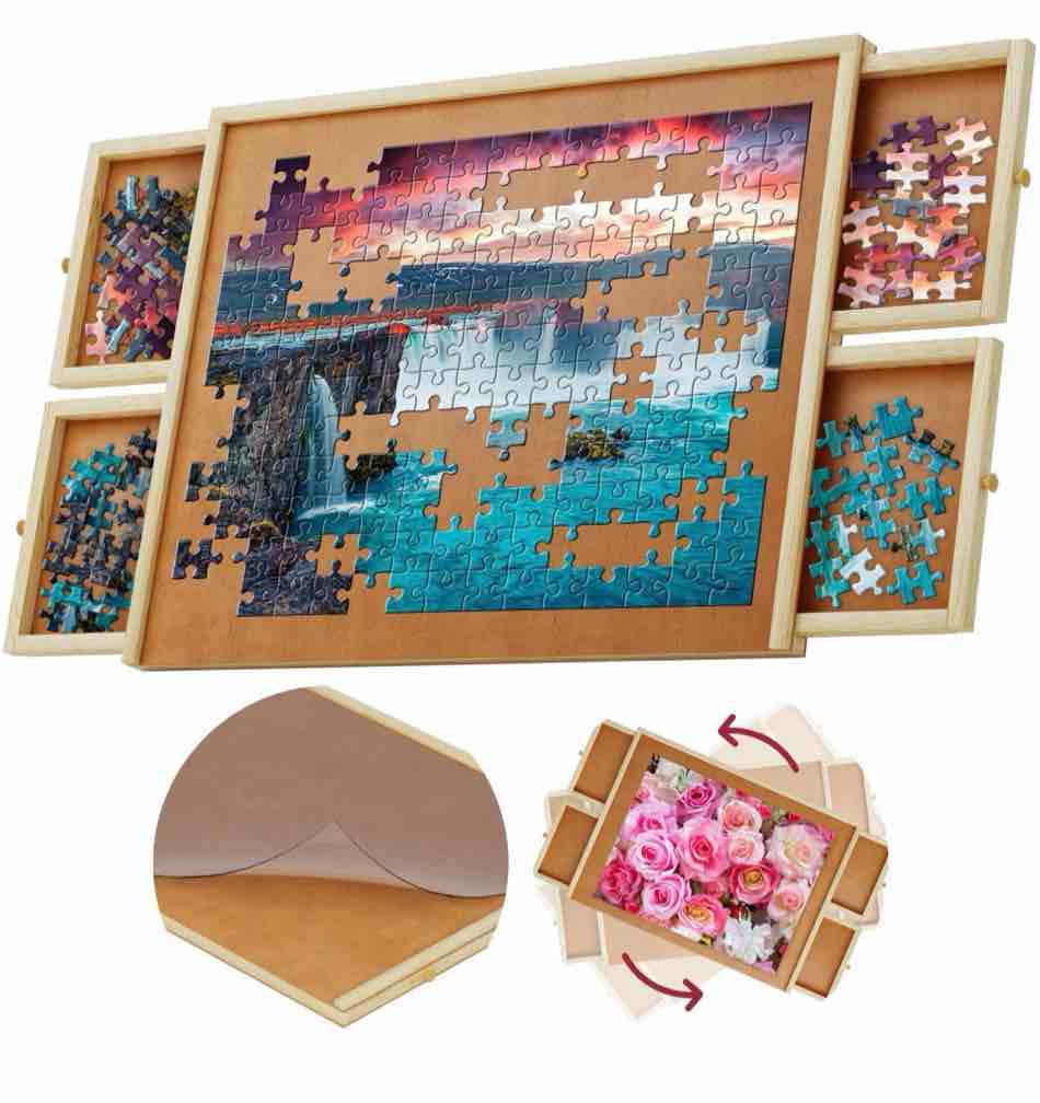 1000-piece wooden jigsaw puzzle board - rotating table 30” x 22” 4 drawers & cover for adults
