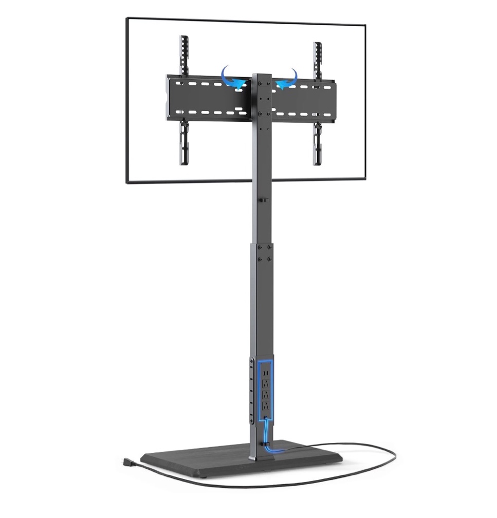 universal floor tv stand,tv floor mount stand with power outlet for 32-75 inch tv up to 110 lbs, swivel and height adjustable tall tv stand for bedroom,office