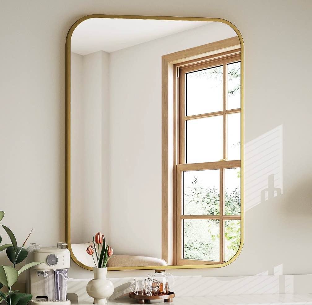 yvanla 28 x20 rectangular bathroom mirror round-edged wall mounted mirror with aluminum alloy frame gold