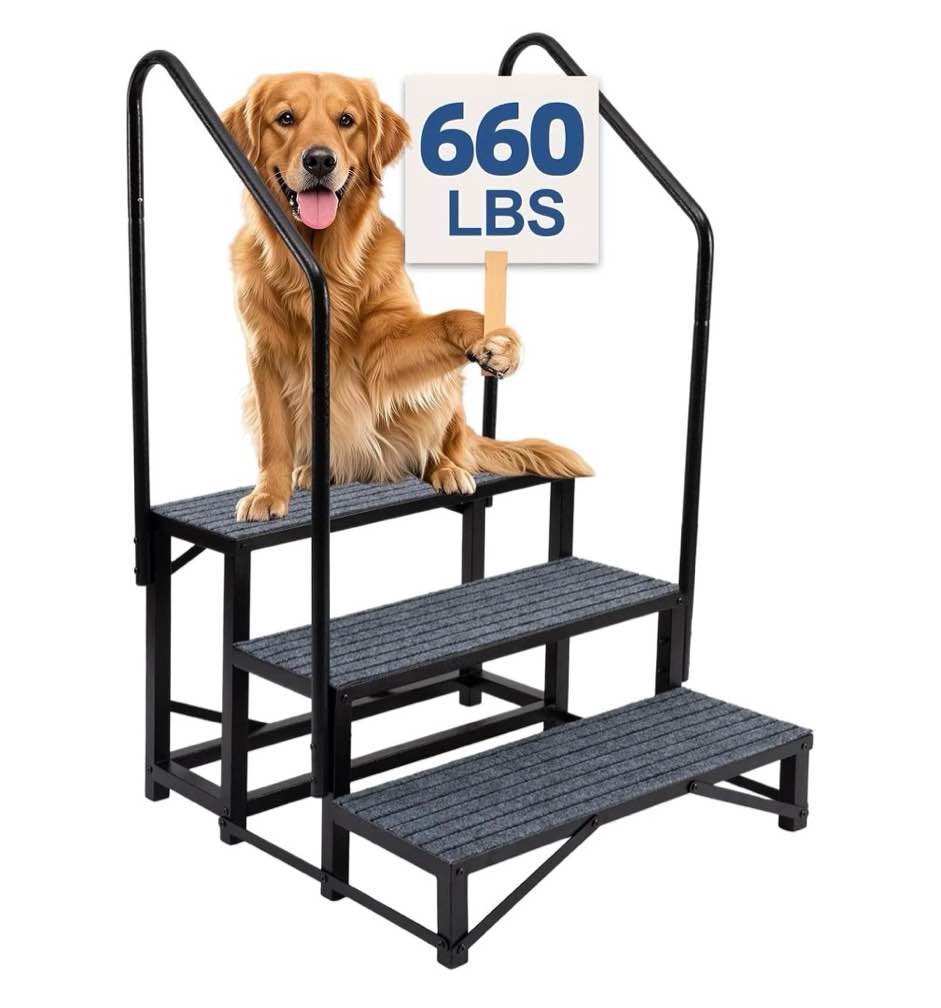 selooye rv steps with 2 handrails, 3-tier rv stairs, 660lbs heavy-duty steel camper steps with non-slip & dust-resistant mats, trailer, mobile home, porch,hot tub
