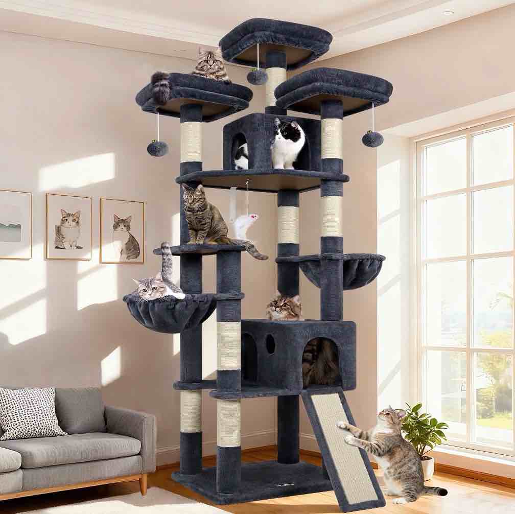globlazer 83'' multi-level large cat tree tower for indoor cats with sisal scratching post, hammock & 2 condos, dark gray