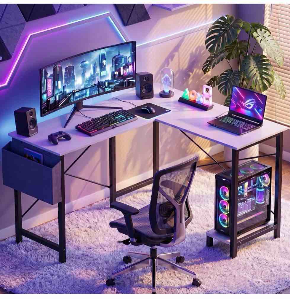 concetta 49in reversible l shaped computer desk with storage, coner desk with wooden desktop, cpu stand and side bag for home office & gaming, rust brown