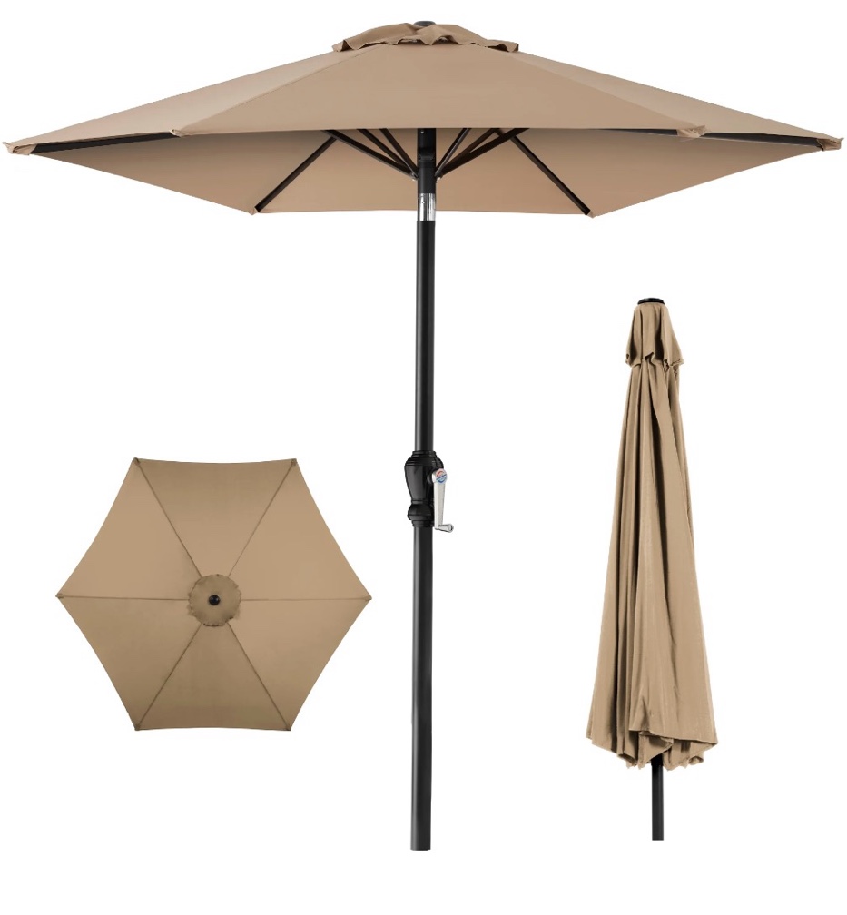 best choice products 10ft outdoor steel market patio umbrella w/ crank  tilt push button  6 ribs - tan