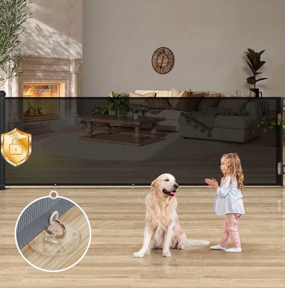 retractable baby gate, caveen 120" extra wide abs expandable for livingroom outdoor, black