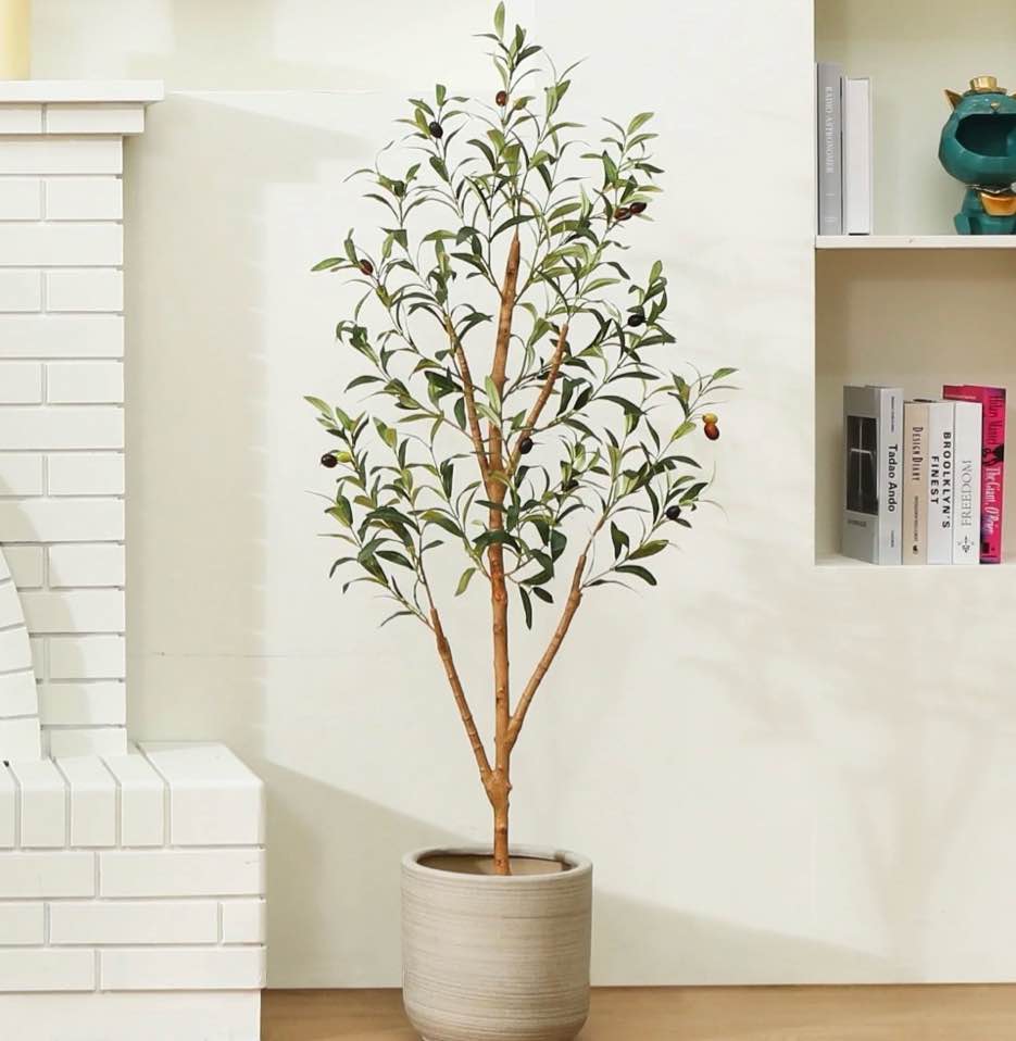 dr.planzen 4 ft artificial olive plants with realistic leaves and natural trunk, silk fake olive tree in black plastic pot, faux olive tree for office home