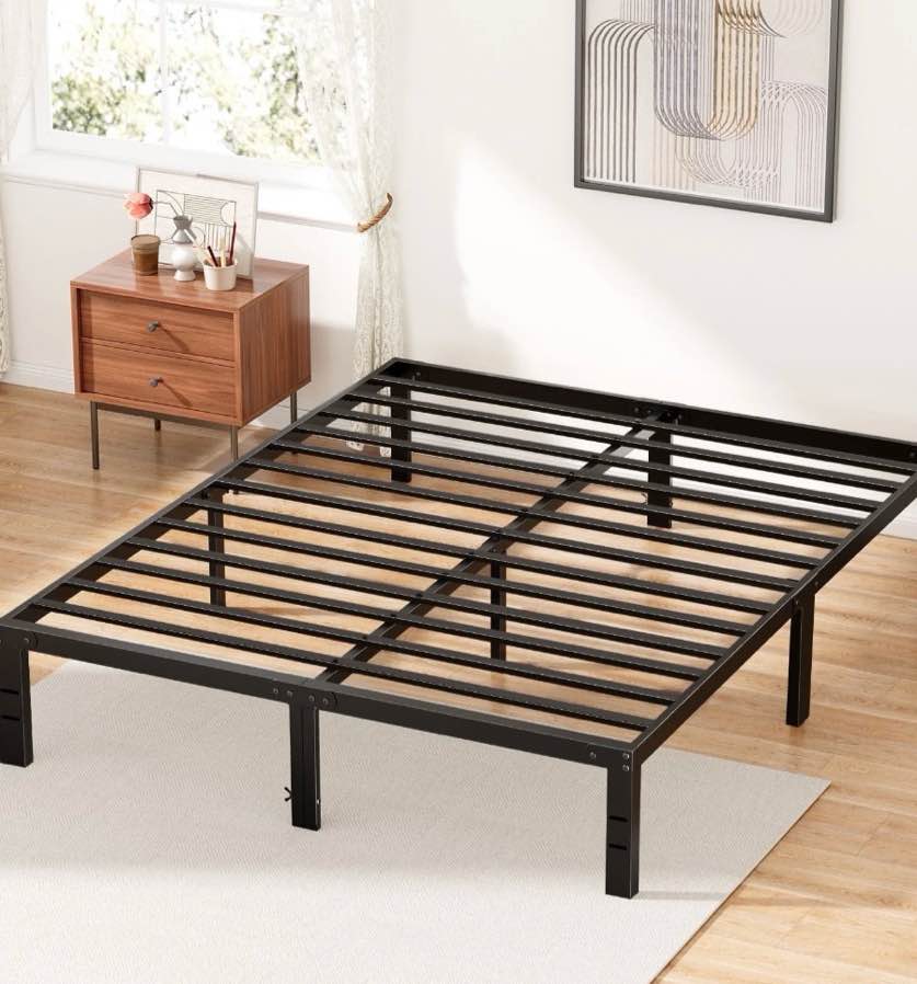 edx 14 inches full bed frame, heavy duty metal platform with storage space under frame, no box spring needed full size bed frame, black