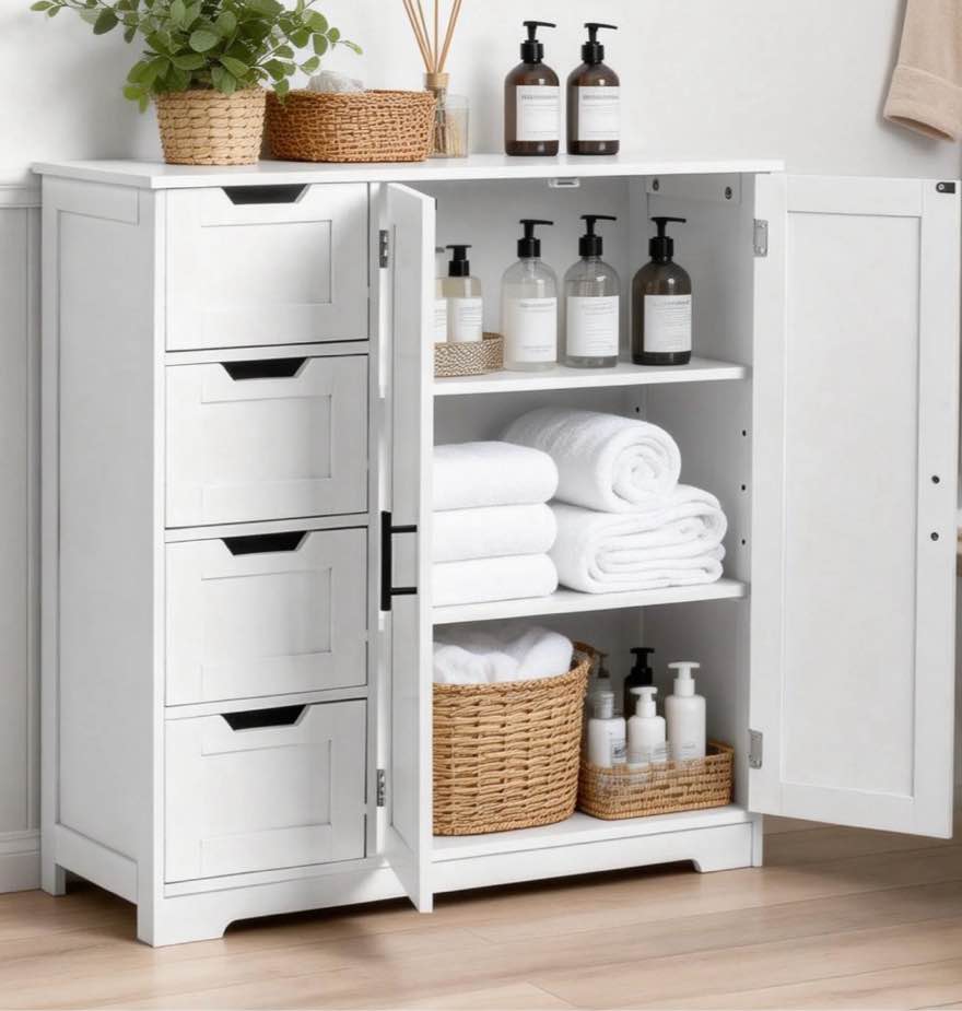 ktaxon wooden bathroom floor cabinet with 4 drawers & 1 cupboard for living room entryway, white