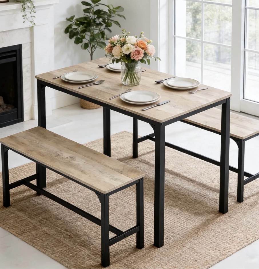 edx dining table set for 4 with 2 benches, space-saving ideal 4-person set kitchen table for daily meals, brunches, workspace,gray