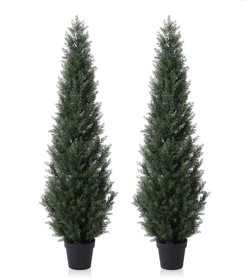 dr.planzen artificial cedar tree 2 pack 5 ft artificial cedar topiary trees for outdoors potted fake cypress trees faux evergreen plants for home porch decor set of 2