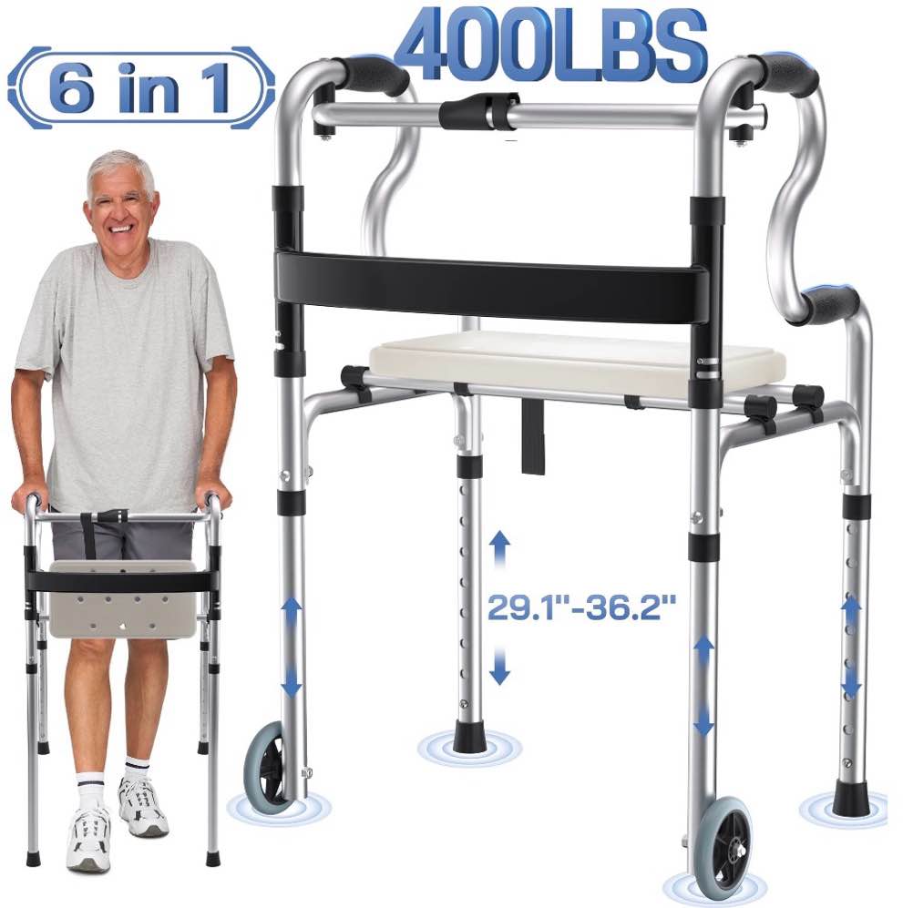 reloive 3-in-1 folding rolling walker with 5" wheels | adjustable height (29.1"-36.2") for seniors & adults | lightweight foldable walker | supports up to 400 lbs
