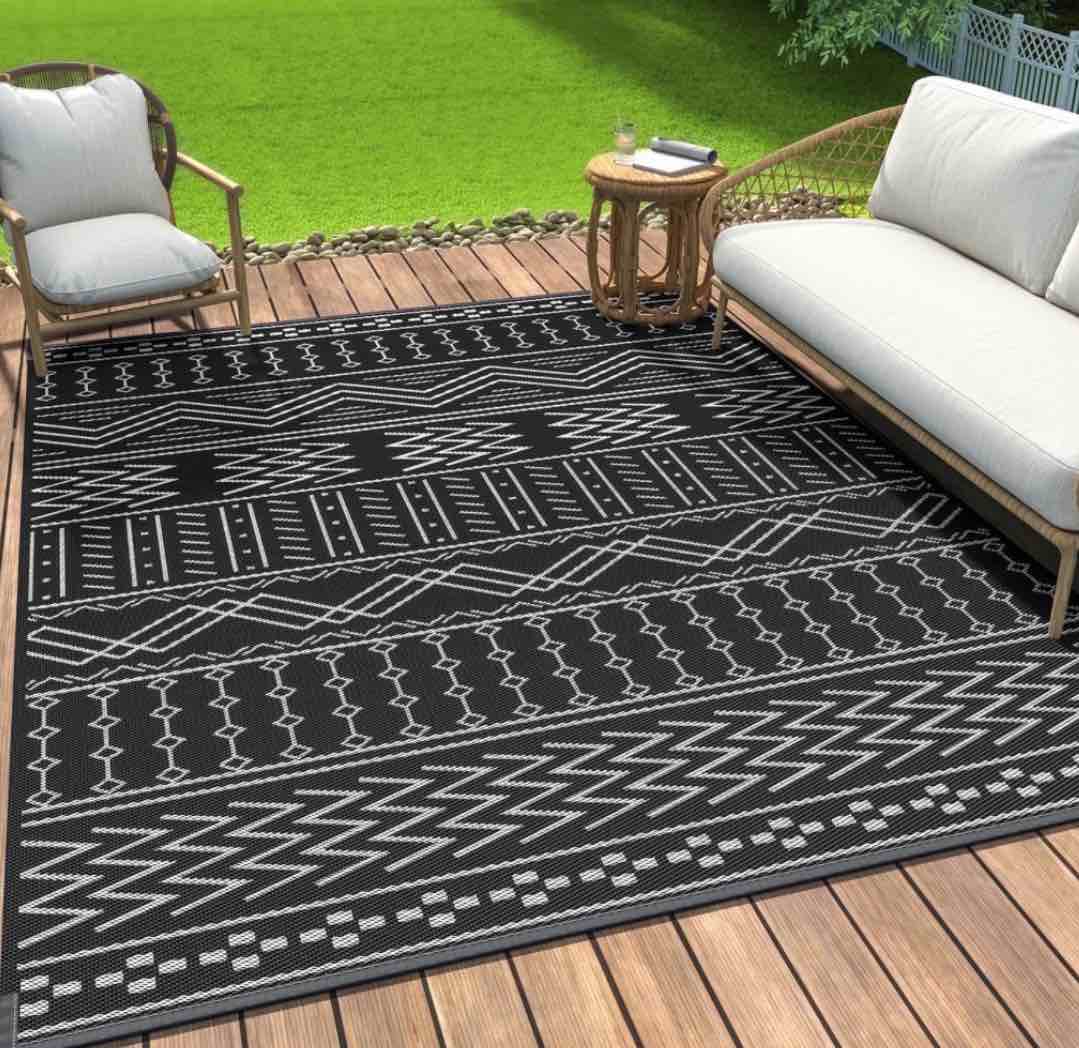 sixhome outdoor rug 8 x10  waterproof patio rug reversible indoor outdoor rug lightweight plastic straw rug for rv camping deck balcony boho porch decor dark grey and white