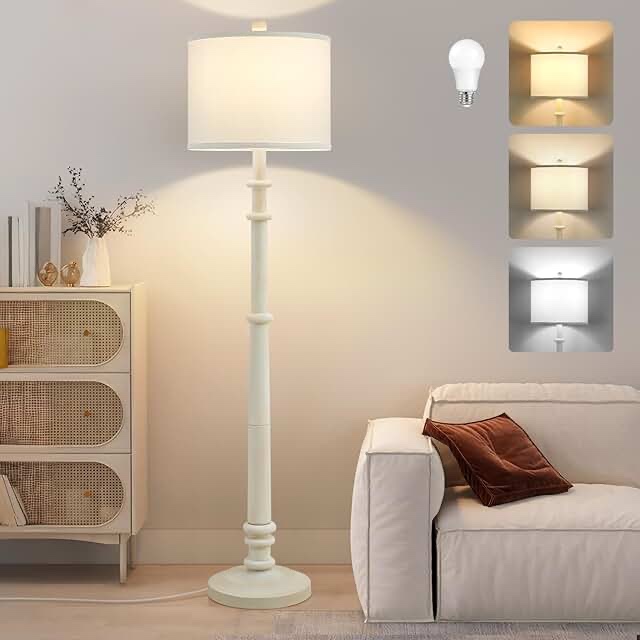 natyswan floor lamps for living room 3 color temperatures standing lamps with white linen shade 60 vintage tall pole light for reading bedroom bulb included