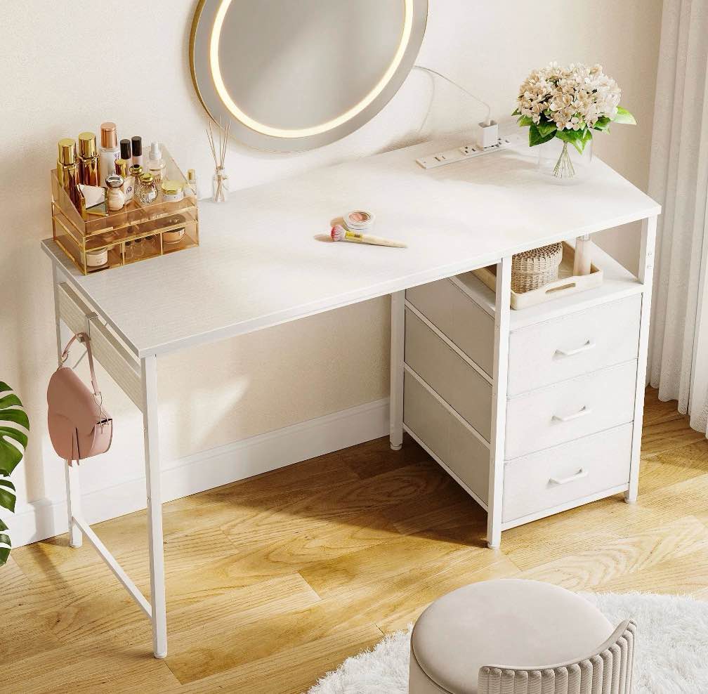 48 inch computer desk with power outlets, home office desk with 3 drawers, writing desk, vanity desk for bedroom, white