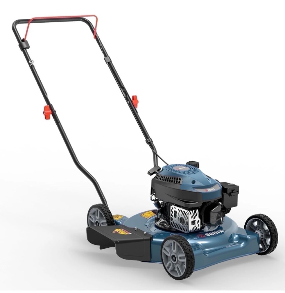 senix gas lawn mower, 20in cutting blade 21in cutting deck, 144cc 4-cycle engine, steel deck with side discharge, lspg-l4