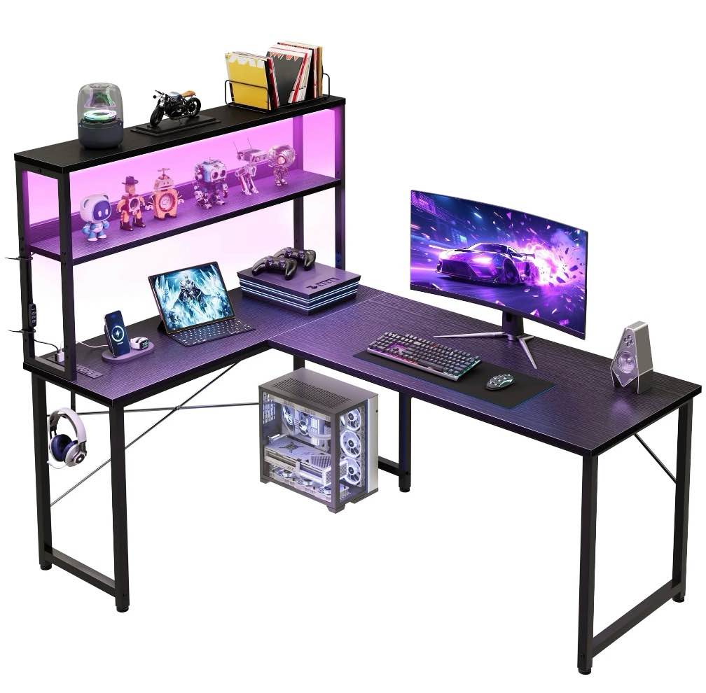 reversible display shelf gaming desk with led lights & power outlets, 53 inch l-shaped computer desk with hutch & hook, black