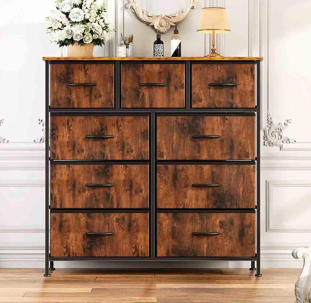 edx 9 drawer fabric dresser for bedroom, chest of drawer organizer storage cabinet for closet, entryway, rust brown