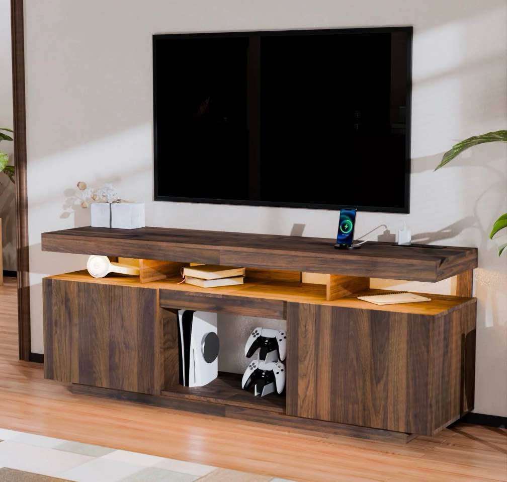 hommpa led tv stand for tvs up to 70" with power outlets modern entertainment center large tv cabinet adjustable shelf ps5 storage gaming media console walnut