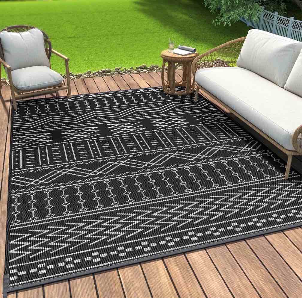sixhome outdoor rug 8 x10  waterproof patio rug reversible indoor outdoor rug lightweight plastic straw rug for rv camping deck balcony boho porch decor dark grey and white