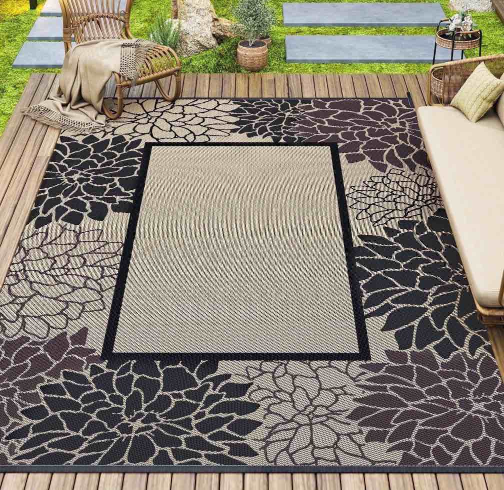 sixhome outdoor rug 8 x10  waterproof reversible patio rug floral border plastic straw indoor outdoor rug for rv camping garden picnic beach deck backyard porch decor black and beige