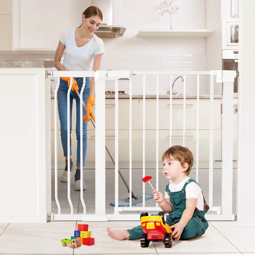 vomeast 36in extra tall baby safety gate,29.93- 48.8in extra wide metal dog gates for stair and doorways,pressure mounted,white