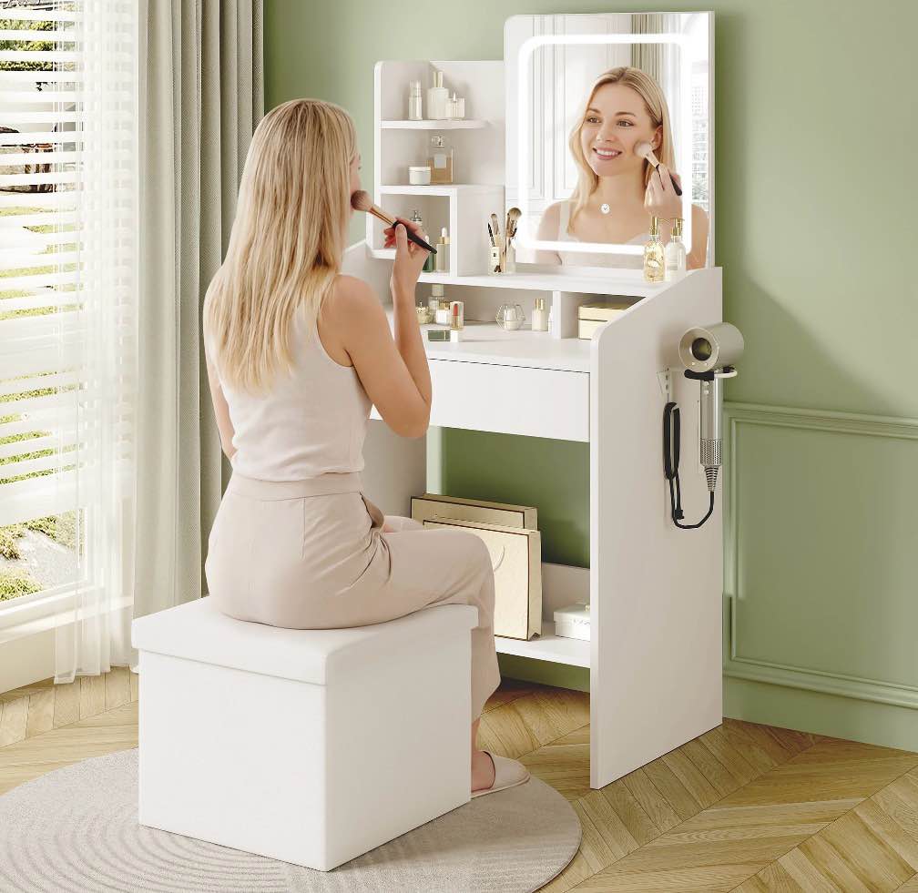livelyglow makeup vanity set with stool, lighted mirror, vanity desk with 7 shelves, large drawer, power outlet & hairdryer holder, vanity dressing table perfect gift for bedroom - white