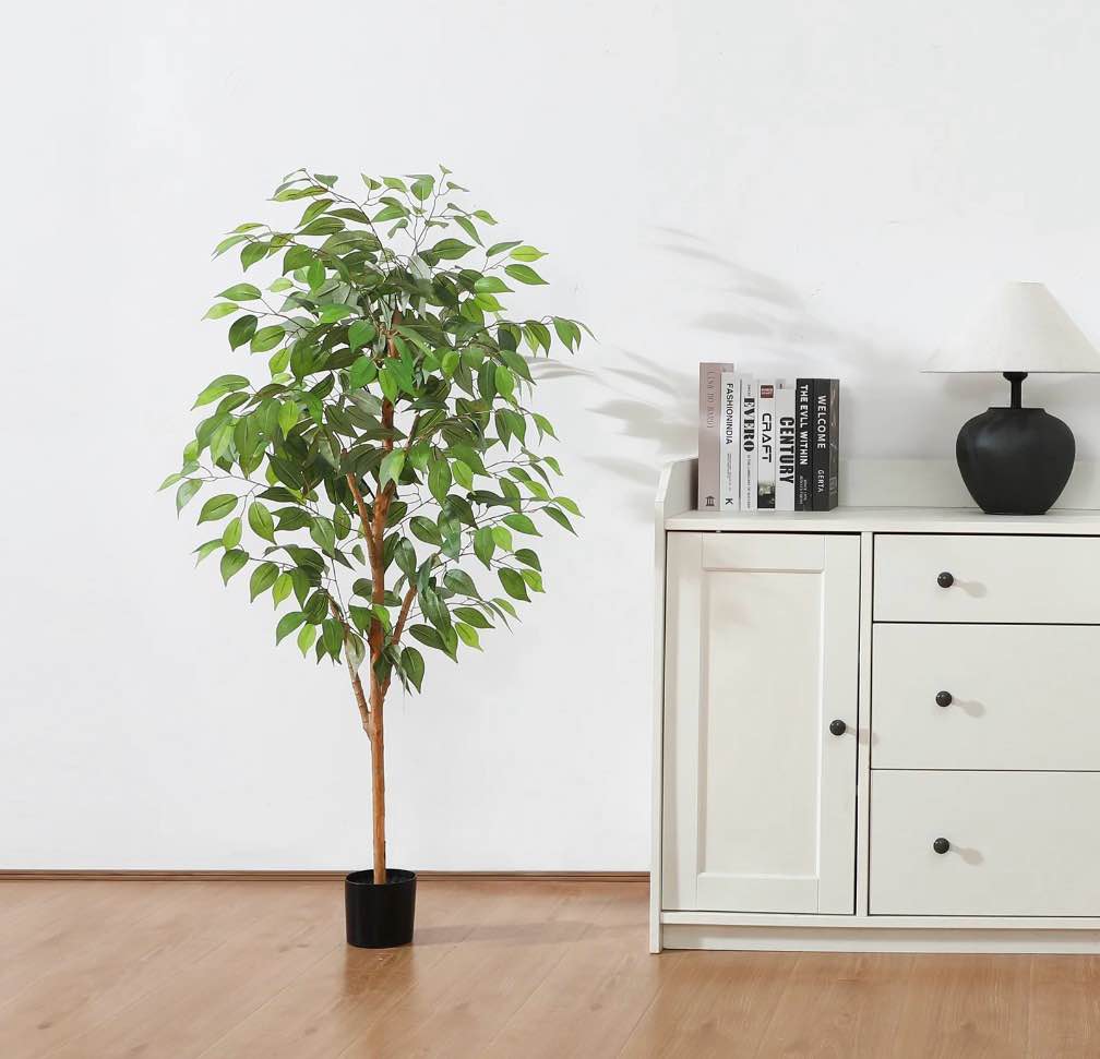 4ft artificial ficus tree with natural wood trunk and lifelike leaves, silk fake potted tree with wood branches, faux tree for office home decor