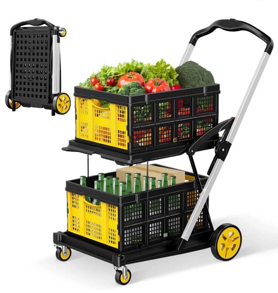 rvchic functional collapsible carts with 2 storage crates,8-in-1 mobile folding trolley with 360°rolling wheels for shopping,picnic,warehouse,yellow