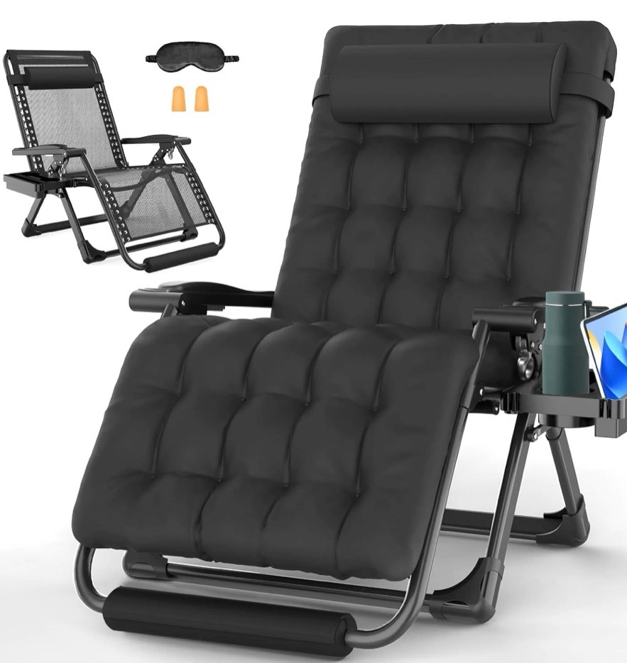 gvdv oversized zero gravity chair, 33in xxl lounge chair 500lbs capcity with removable thick cushion, lawn patio reclining chair upgraded alloy lock and cup holder, for indoor outdoor, black