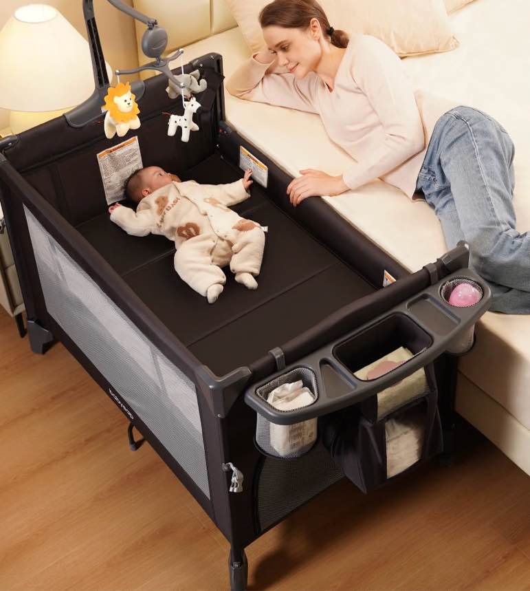 babyeap 4in1 baby bassinet with playard, 1-step fold portable playpen with changing table, bedside sleeper for newborns, black