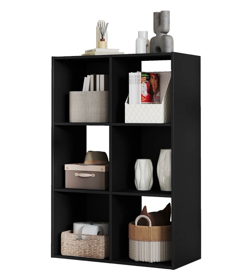 concetta 6 cube storage organizer, open corner bookshelf with removable back panels for living room bedroom office, 24*12*36 inches, black