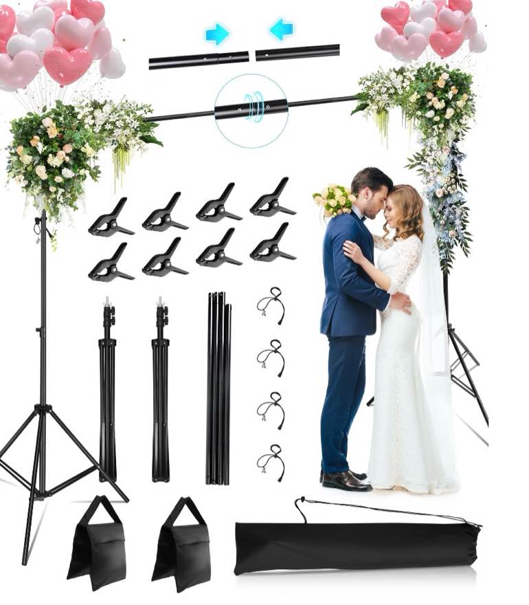 reloive backdrop stand,10x7ft(wxh) photo studio adjustable background stand support kit with 8 clamps, 2 sandbags,4 string clips,and carry bag for parties, events decoration, wedding, photography