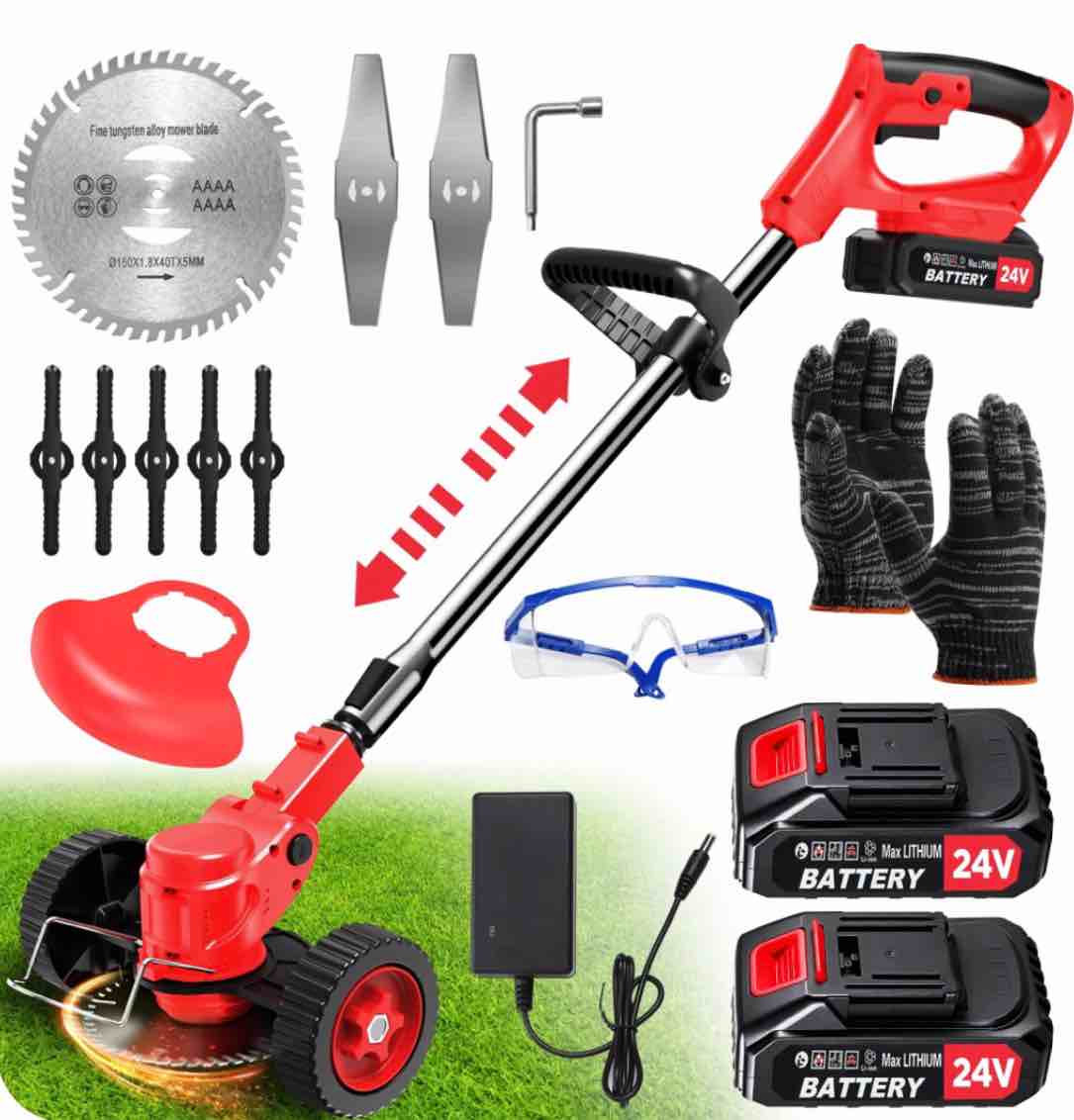 tntants electric weed wacker cordless string trimmer with wheels 2pcs 24v batteries 3 types of blades adjustable length weed eater grass trimmer/edger/brush cutter for lawn yard garden (red)