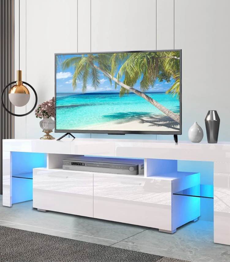 paproos tv stand for tvs up to 70", high gloss tv cabinet with led light, modern tv console table with storage drawers, media television stand entertainment center, white
