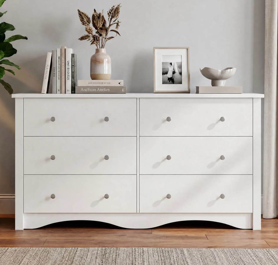 homall 6 drawer double dresser, modern chest of drawers, wood storage cabinet for bedroom & living room, white