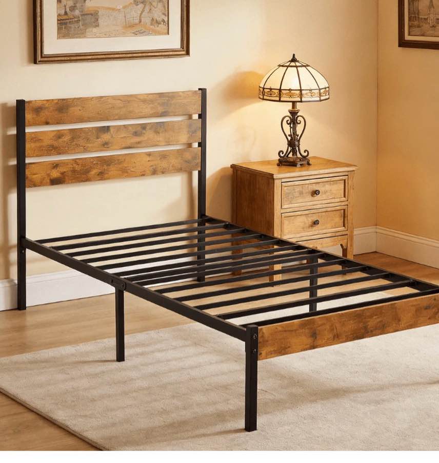 edx twin size metal bed frame with wooden headboard, under bed storage, 700lbs support, noise-free, no box spring needed, easy assembly, brown
