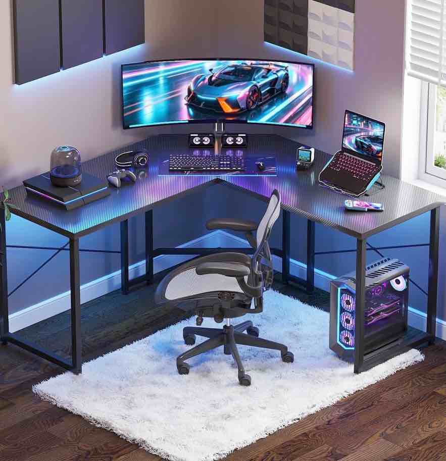 casacomoda computer desk l shaped, 51 inch reversible l shaped desk, gaming desk, home office desk, carbon fiber black