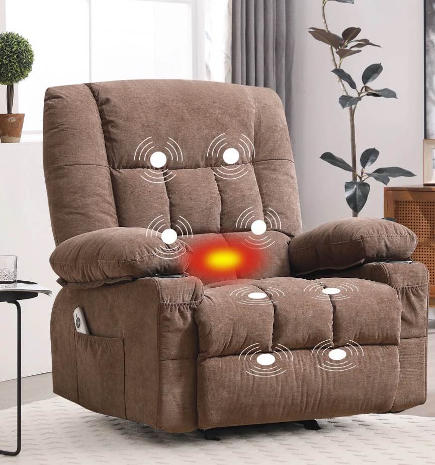 jonpony manual recliner chair with heat therapy and massage function, heavy duty reclining mechanism massage chair, elderly single rocker sofa with cup holders for bedroom home theater,brown